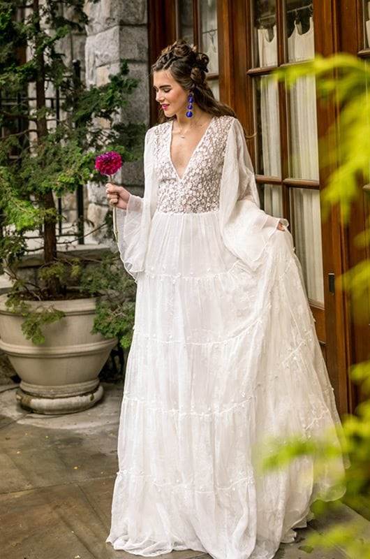 white christmas dresses Flamenco Wedding Gown with Layered Trumpet Skirt and Detachable Layered Flare Sleeves main image 1