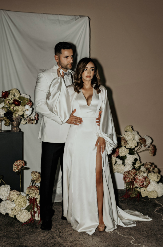 bardessono styled shoot couple in front of screen