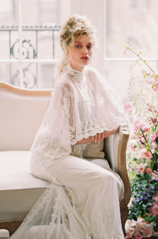 bridgerton inspired wedding gowns claire pettibone vicky capelet sitting pose