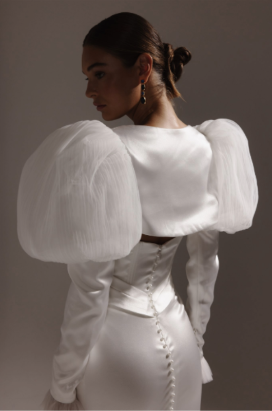 bridgerton inspired wedding gowns adrian puff jacket back