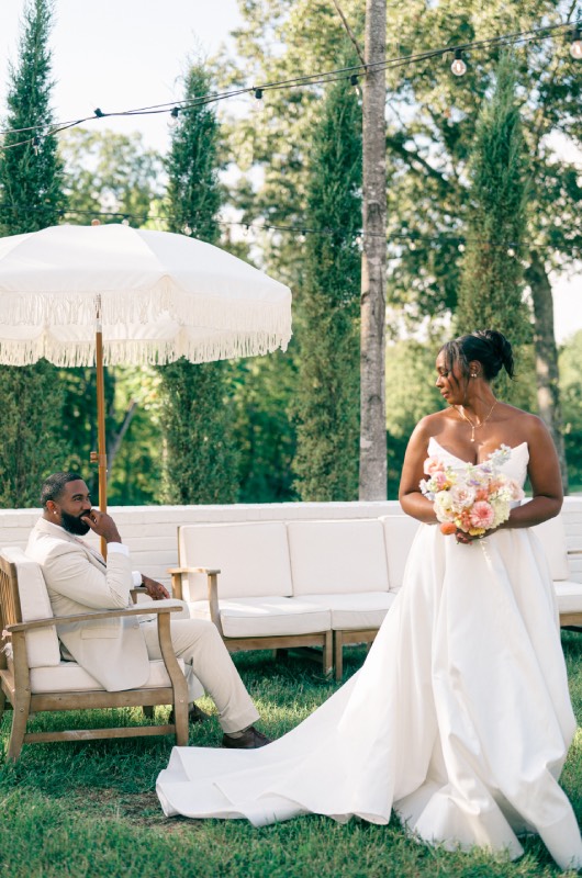 Costal Garden Party Nashville Tennessee Bride and Groom Candid