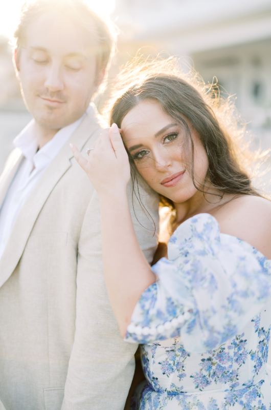 Morgan Abdalla and Travis Brown's North Carolina Engagement bride leaning on shoulder