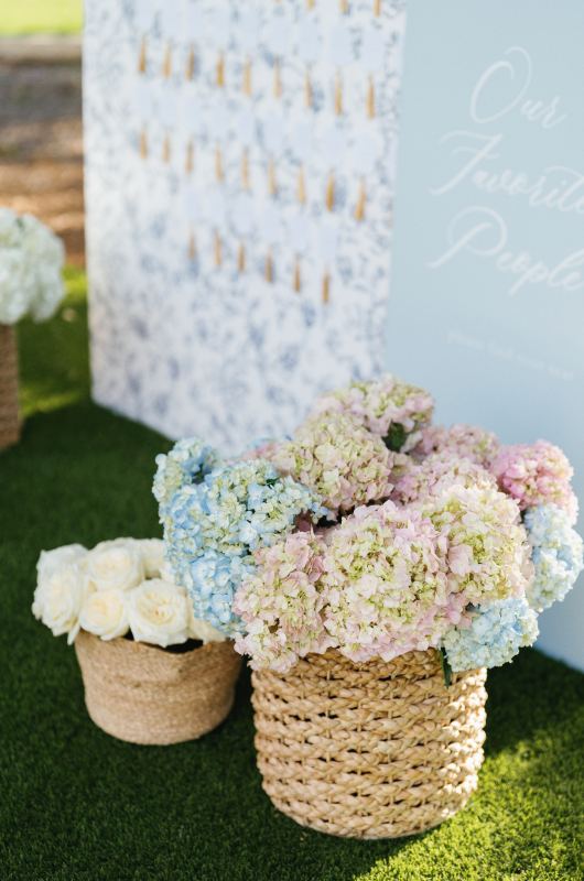 Timeles Elegance A Classic Blue and White Chinoiserie Inspired Styled Shoot in Boerne TX flower basket