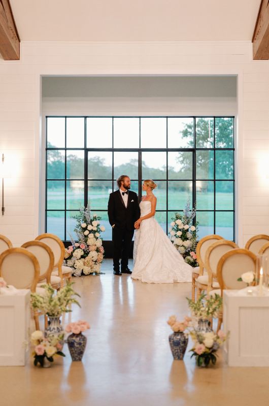Timeles Elegance A Classic Blue and White Chinoiserie Inspired Styled Shoot in Boerne TX couple at ceremony