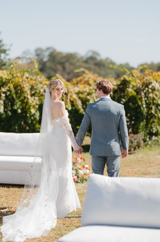 Cask Room & Rose Vineyard Best Design Award Couple Walking Back Down Aisle